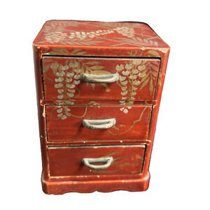 Miniature Miniature Japanese Lacquered Wood Chest 3 Drawers Occupied Japan 4.5"